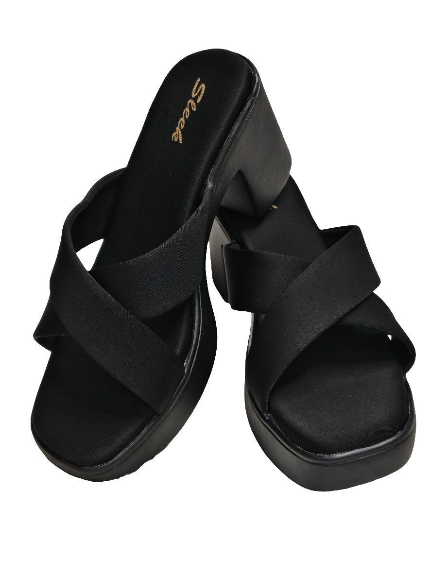 Women Black Criss-Cross Strap Casual Slip Ons