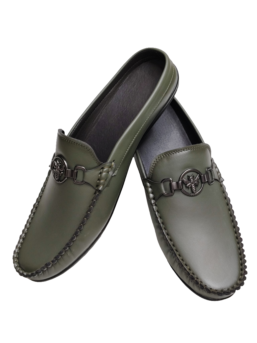 Olive Leather Cut Loafers