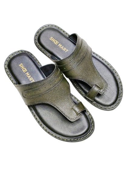 Men Olive Leather Thumb Chappal