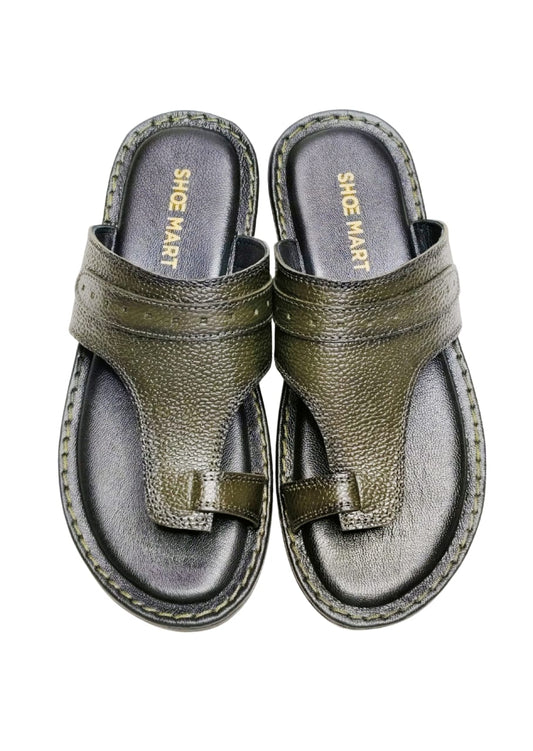 Men Olive Leather Thumb Chappal