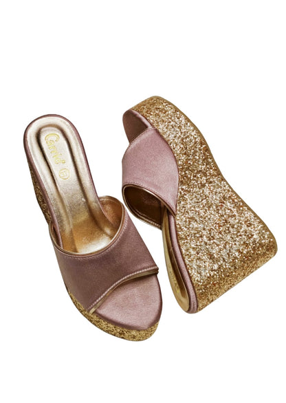 Women Pink Platform Heel Slip Ons