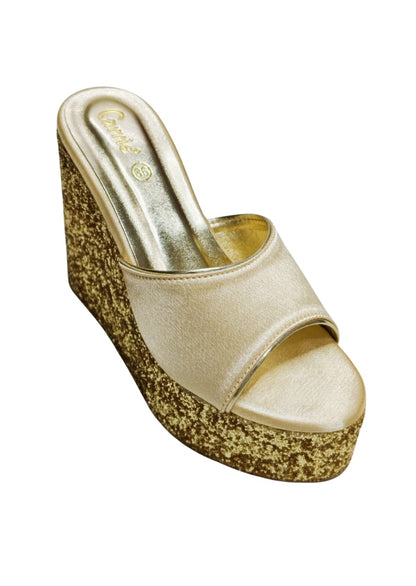 Women Gold Platform Heel Slip Ons