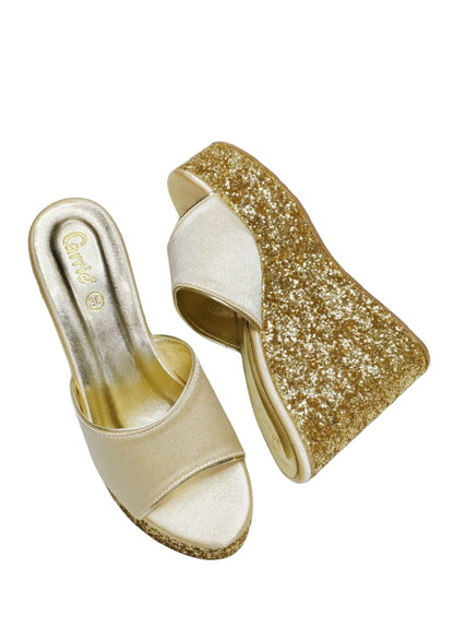 Women Gold Platform Heel Slip Ons