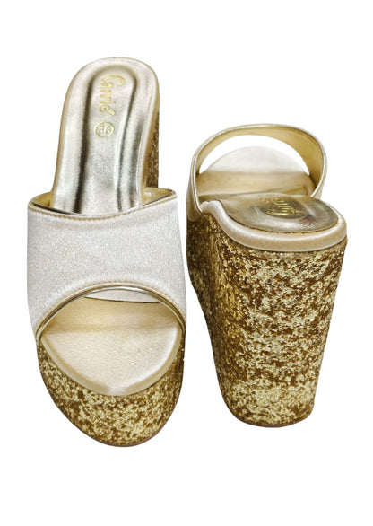 Women Gold Platform Heel Slip Ons