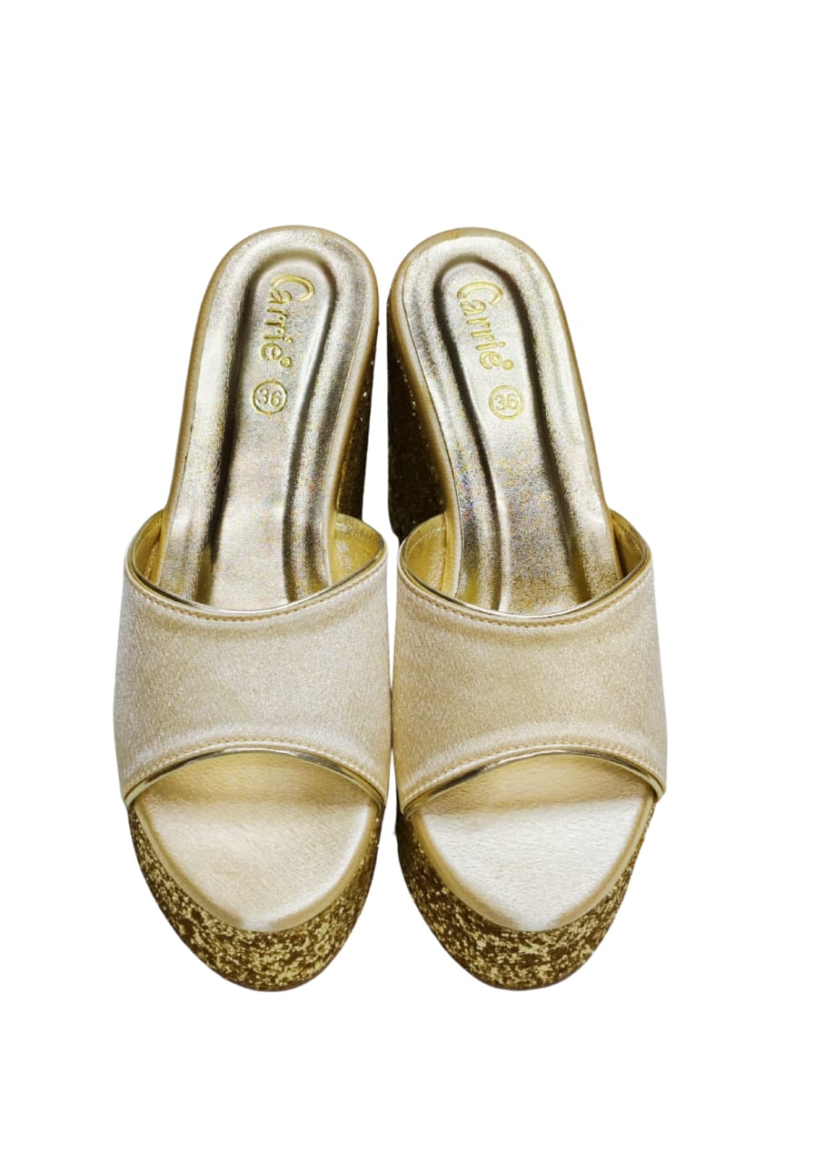 Women Gold Platform Heel Slip Ons