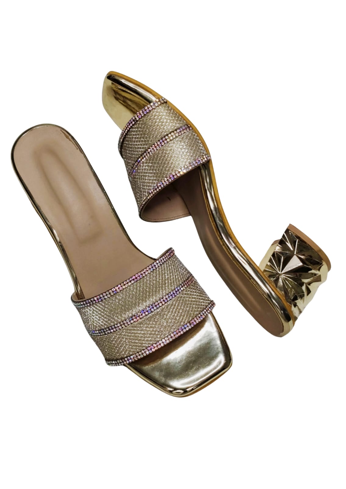 Women Gold Box Heel Slip Ons