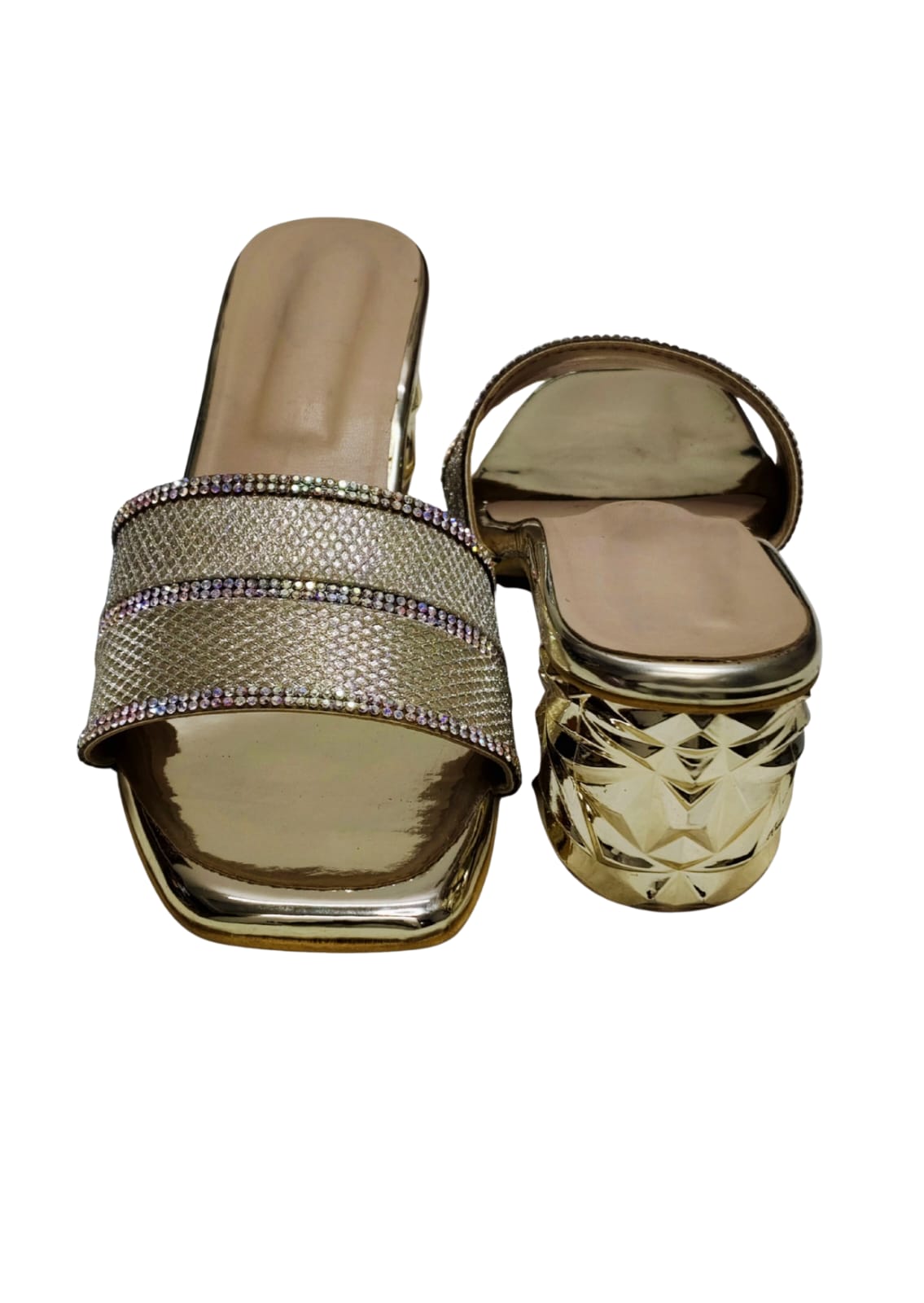 Women Gold Box Heel Slip Ons