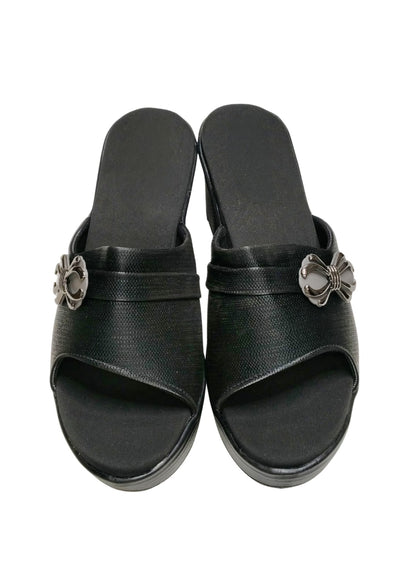 Women Black Box Heel Slip Ons