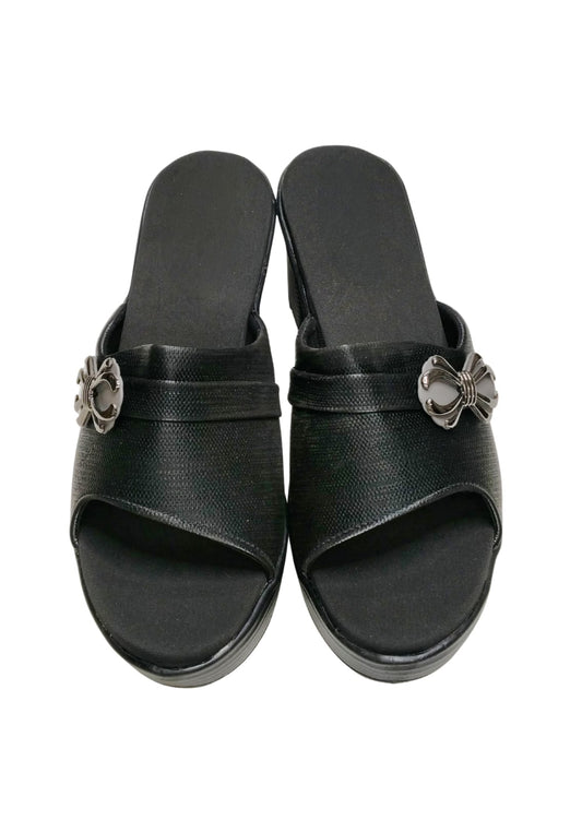 Women Black Box Heel Slip Ons