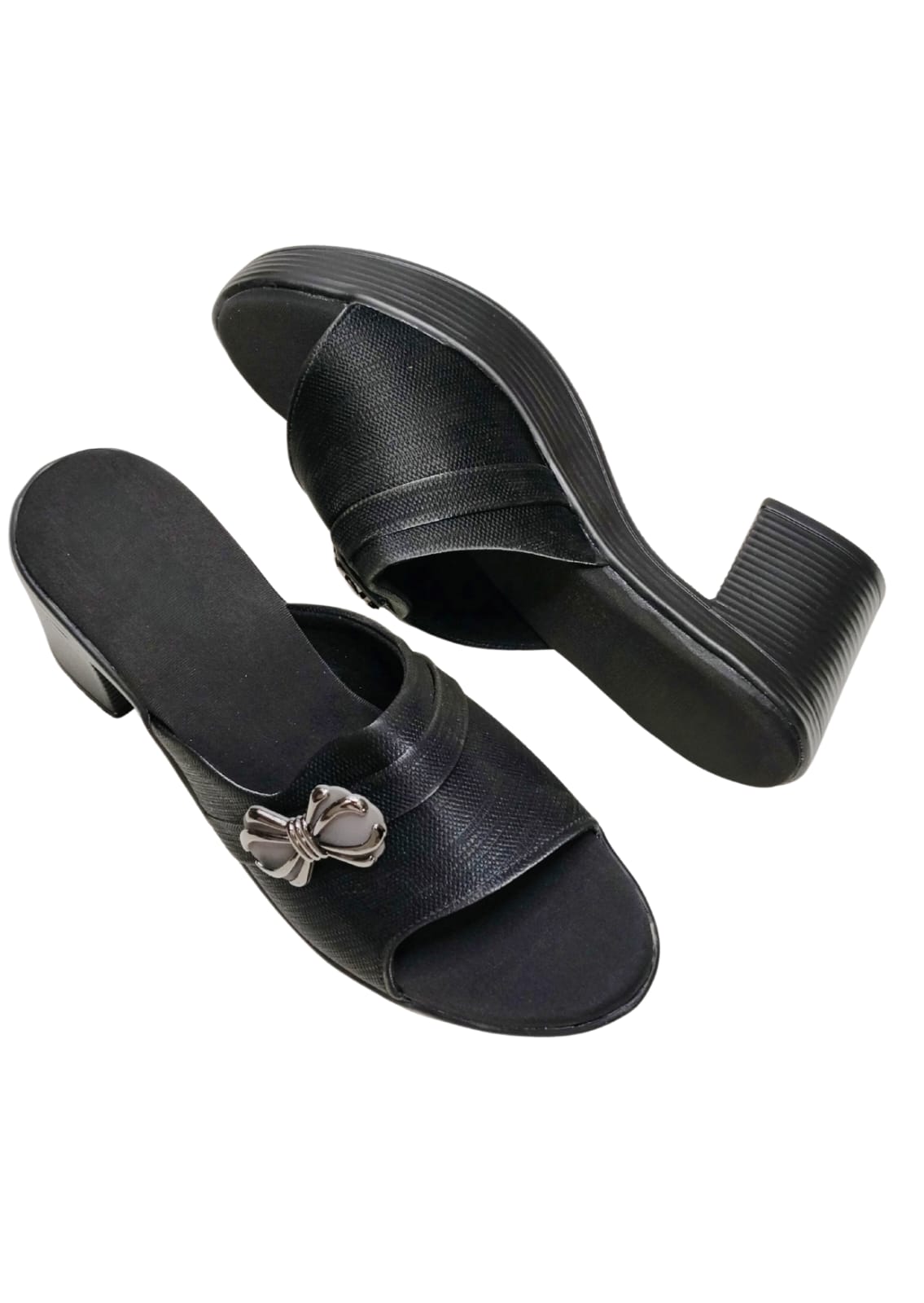 Women Black Box Heel Slip Ons