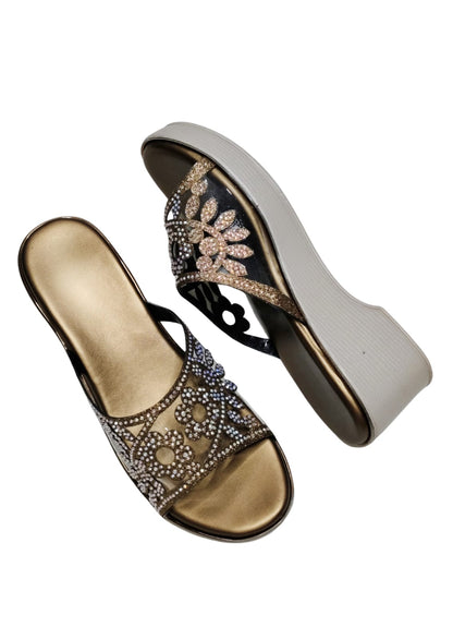 Women Gold Platform Heel Slip Ons