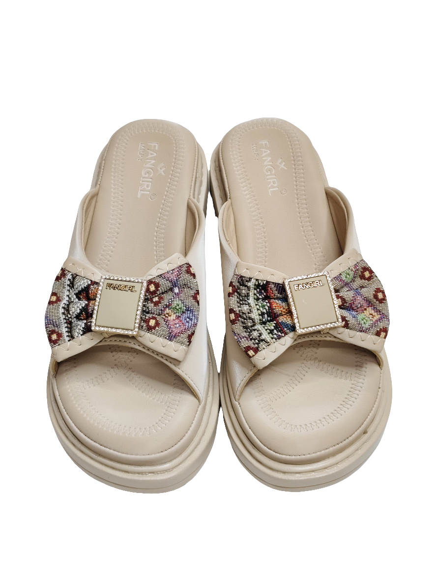 Beige Women Bow Slip Ons