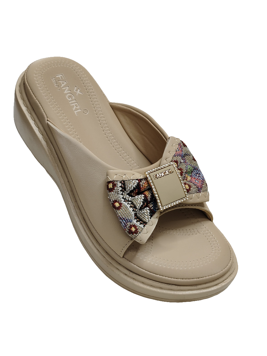 Beige Women Bow Slip Ons