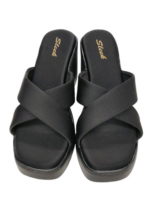 Women Black Criss-Cross Strap Casual Slip Ons