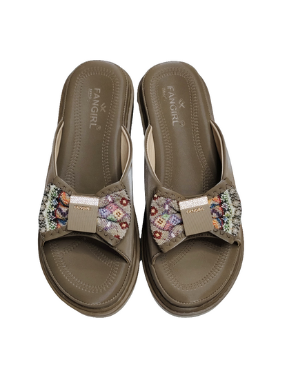 Beige Women Bow Slip Ons